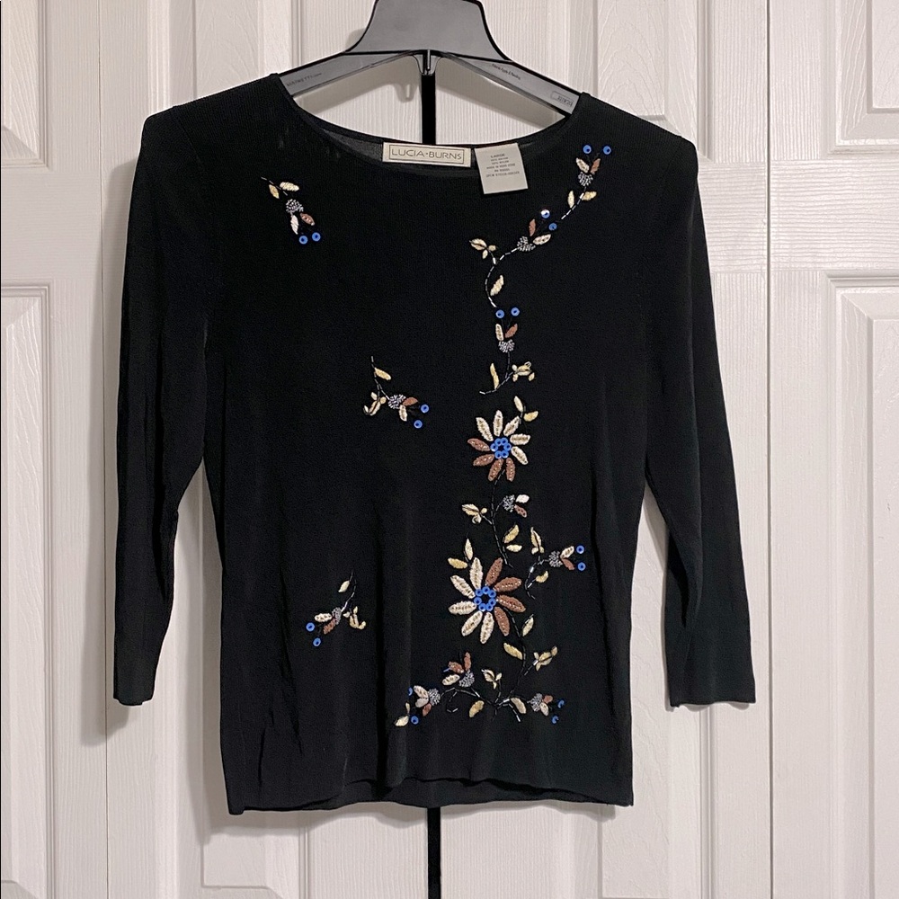 Lucia Burns black foral Embroidered & beaded sequin Top shirt blouse size LARGE